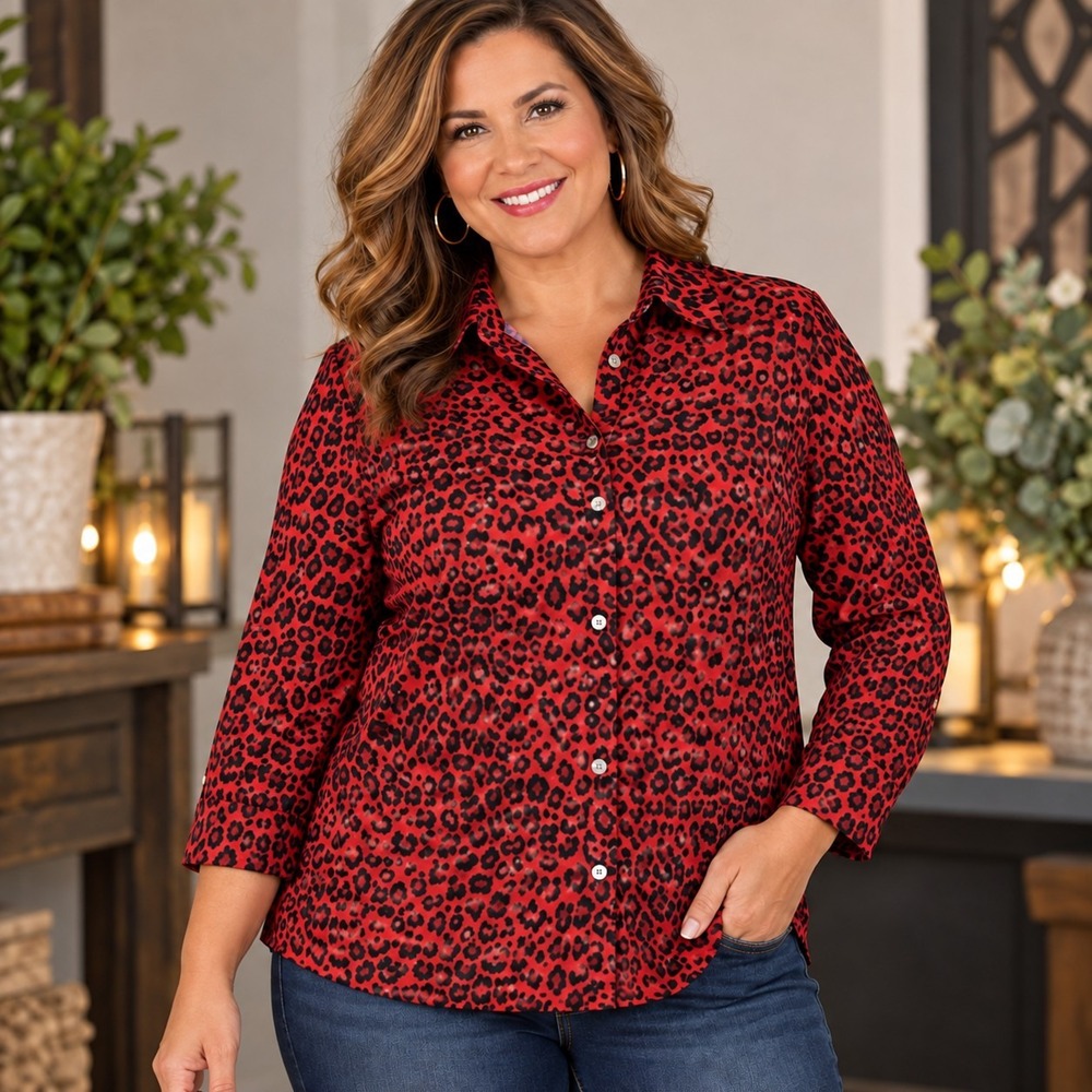 Anne Klein Red Leopard Print Split Neck Top Women's Medium Mob Wife Office Siren